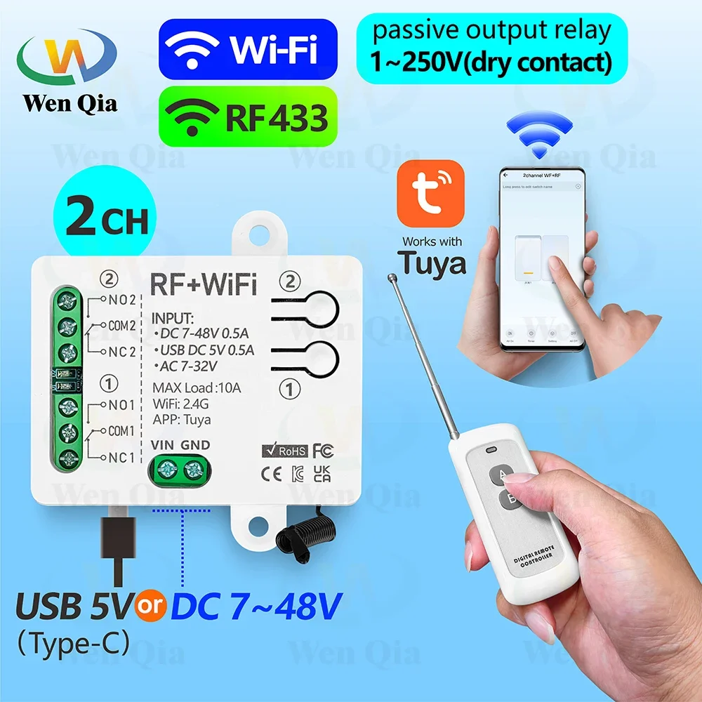 Universal Remote Smart Home - 2CH スマートライトスイッチ Tuya、WiFi & RF リモートコントロールモジュール、USB