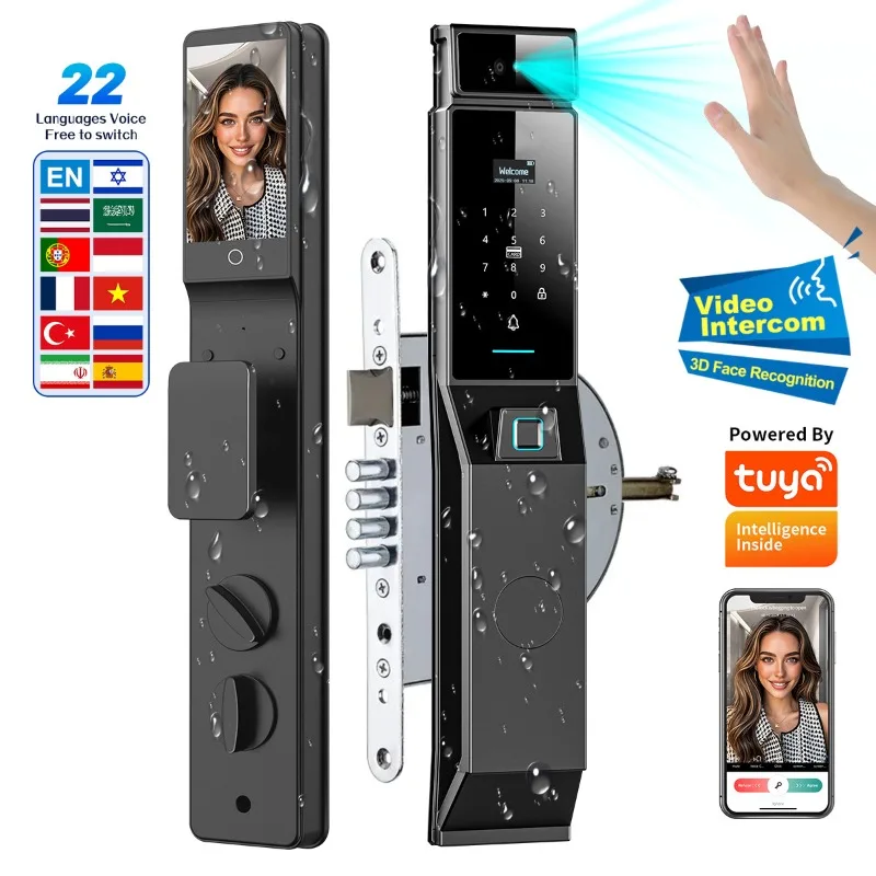 Smart Home Door Lock - IP66防水対応、手のひら認証・顔認証機能付きスマートドアロック。イスラエル製6068型モルティス錠本体を採用し、家庭用玄関に最適なセキュリティデジタルロック。